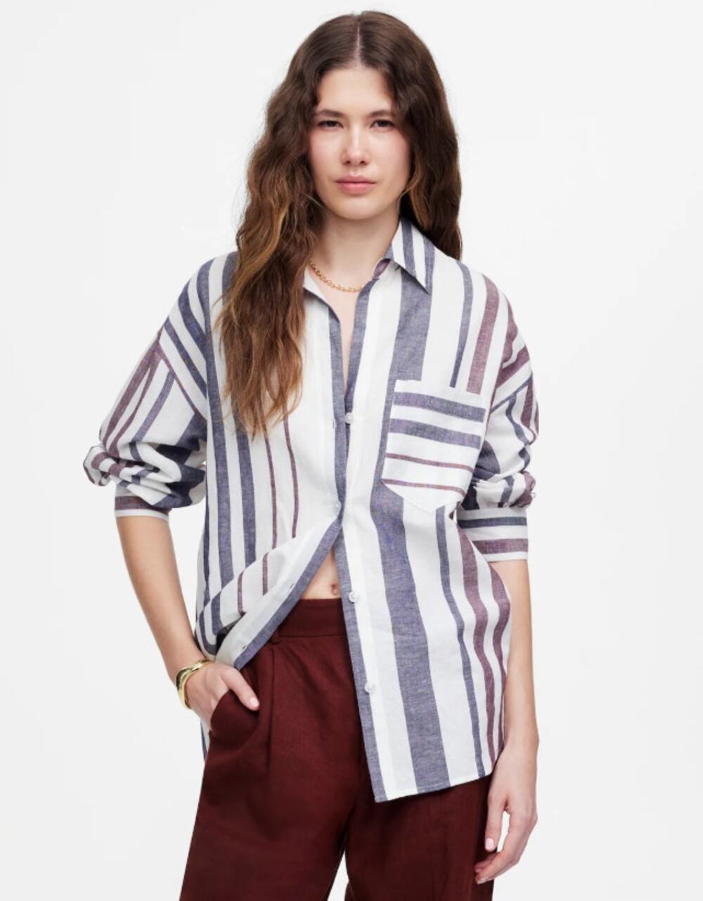 Madewell Shirred Button-Up Shirt WMNS M White Striped Linen-Cotton Blend Y-Neck